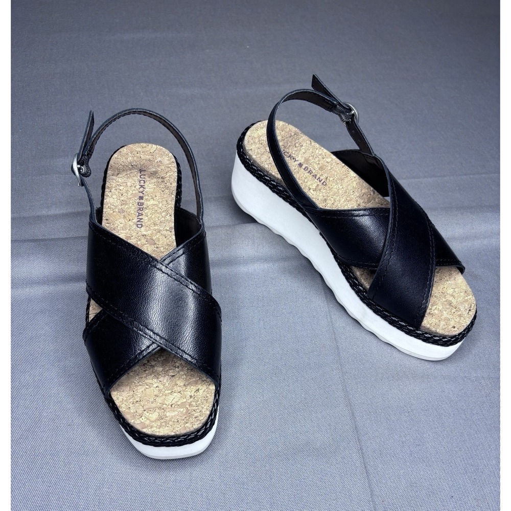 NIB Lucky Brand Pebina Crossband Platform Sandals – Black Leather – Size 6 NIB